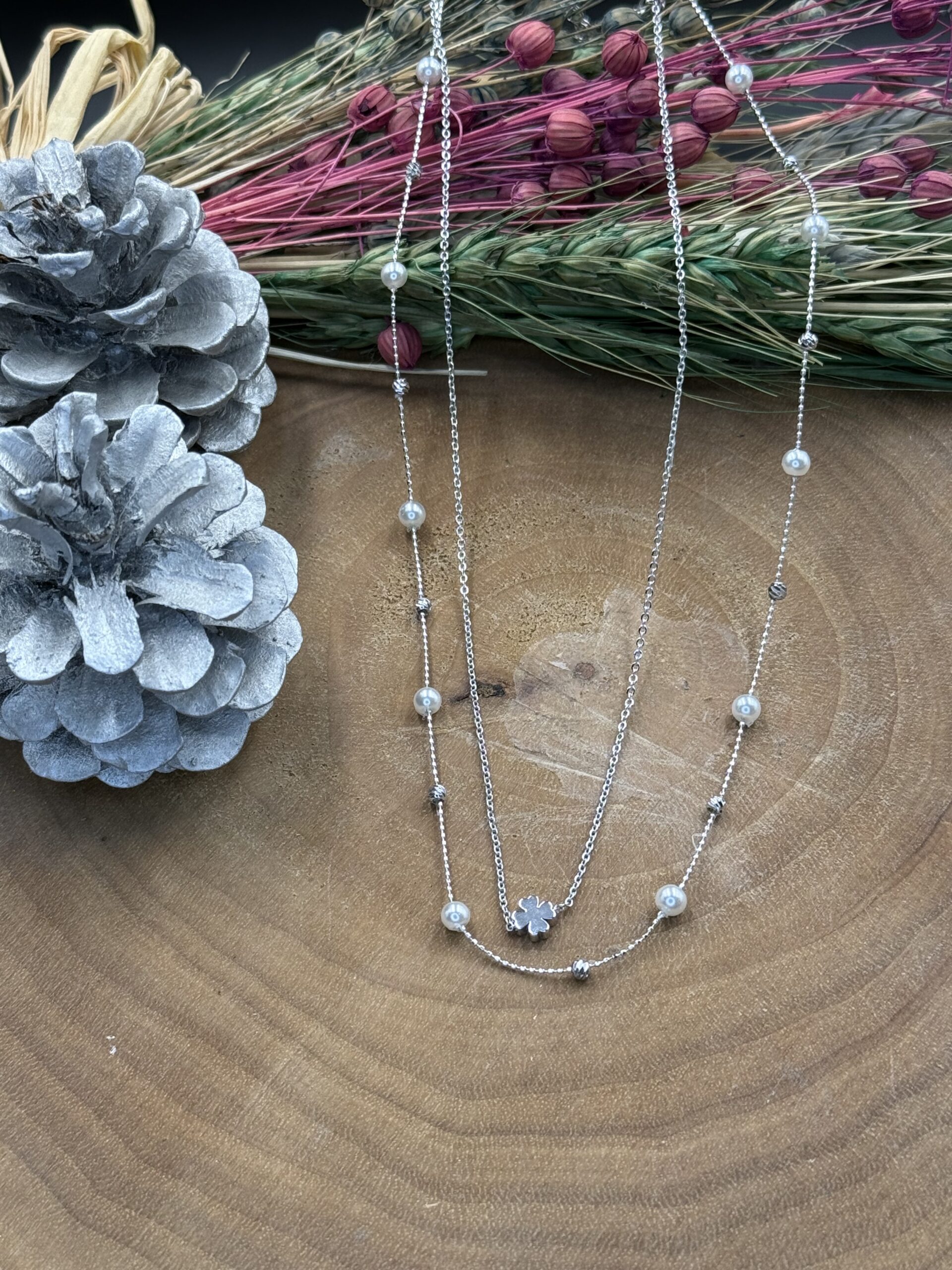 İnci detay çift zincir kolye